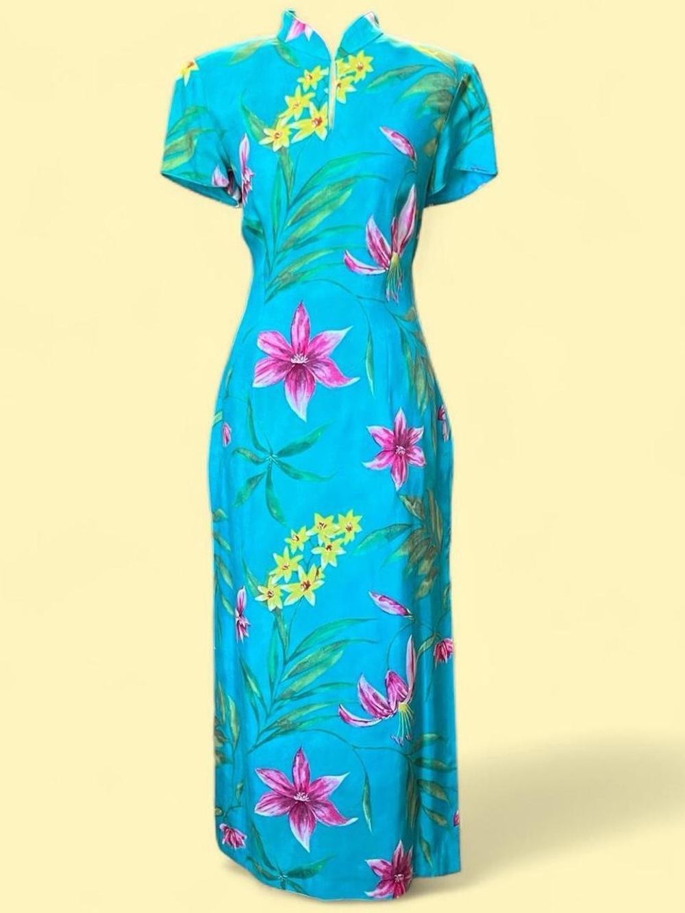 Vintage 90s does 40s Bright Turquoise Floral Maxi Dress with Mandarin Neck
